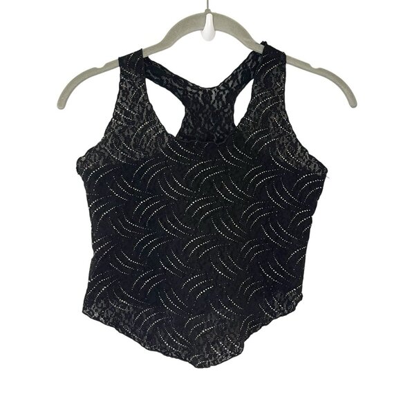 Black Y2K Black Silver Glitter Mesh Lace Tank Top Fairy Grunge Cropped XS - Picture 1 of 4